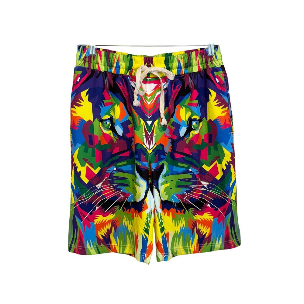 HUGE Swim Shorts Mens L Green Animal Lion Colorful Print Summer Beach Trunks